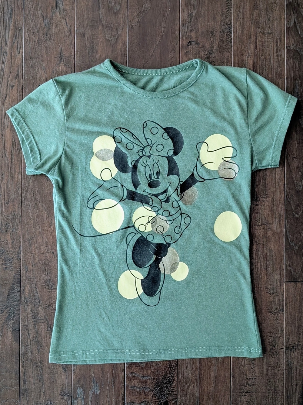 Disney Olive Green Short Sleeve Tee with Minnie Mouse Graphic 7/8